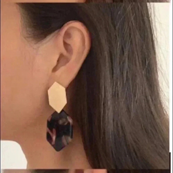 Acrylic resin tortoise brown gold hexagon earrings - Picture 3 of 5